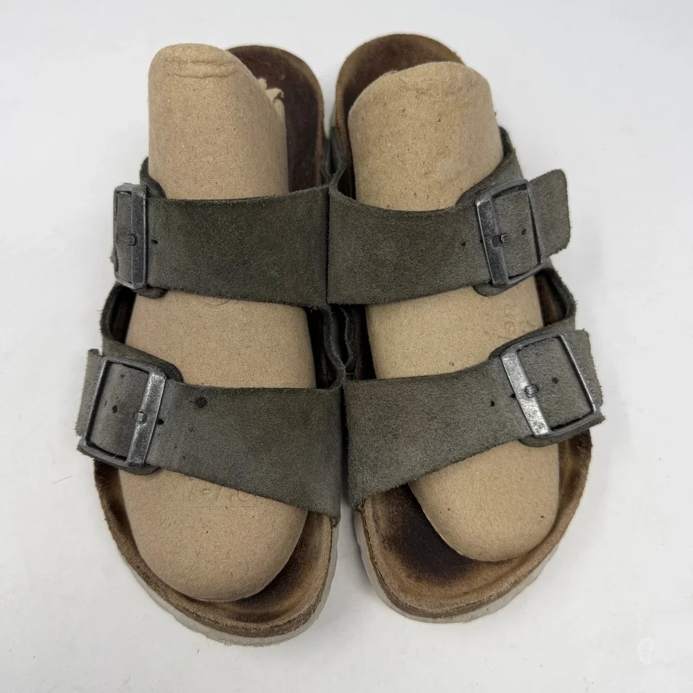 Birkenstock Arizona Sandals Size 42 Olive Green Suede Two Strap Good Condition
